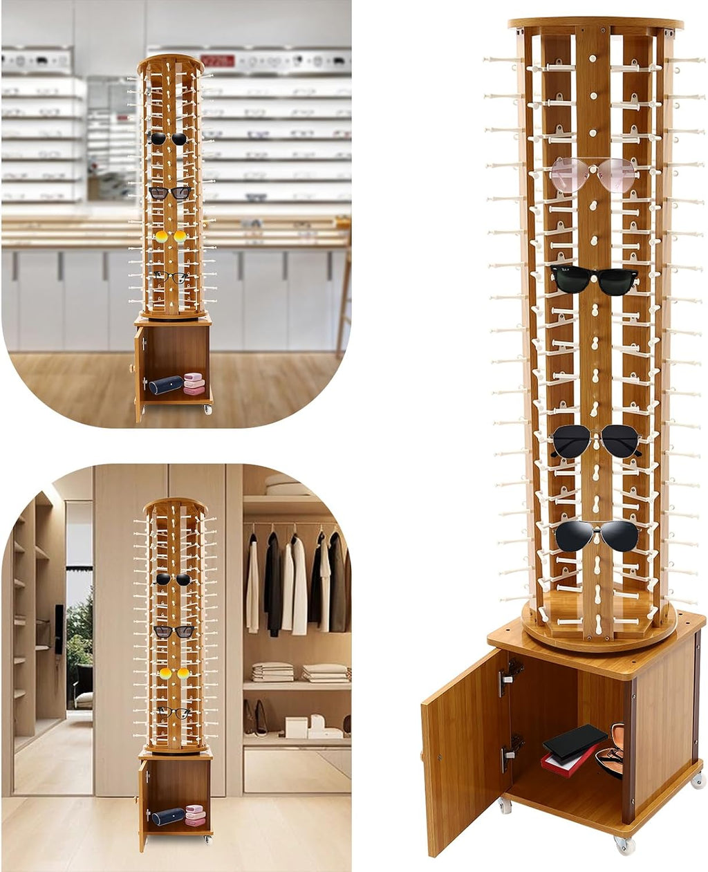 90 Pairs Sunglasses Rack Floor Standing Rotating Glasses Display Stand 5-Sided Wood Eyeglasses Holder with Wheels and Storage Cabinet Mobile Commercial Eyewear Organizer (Light Brown)