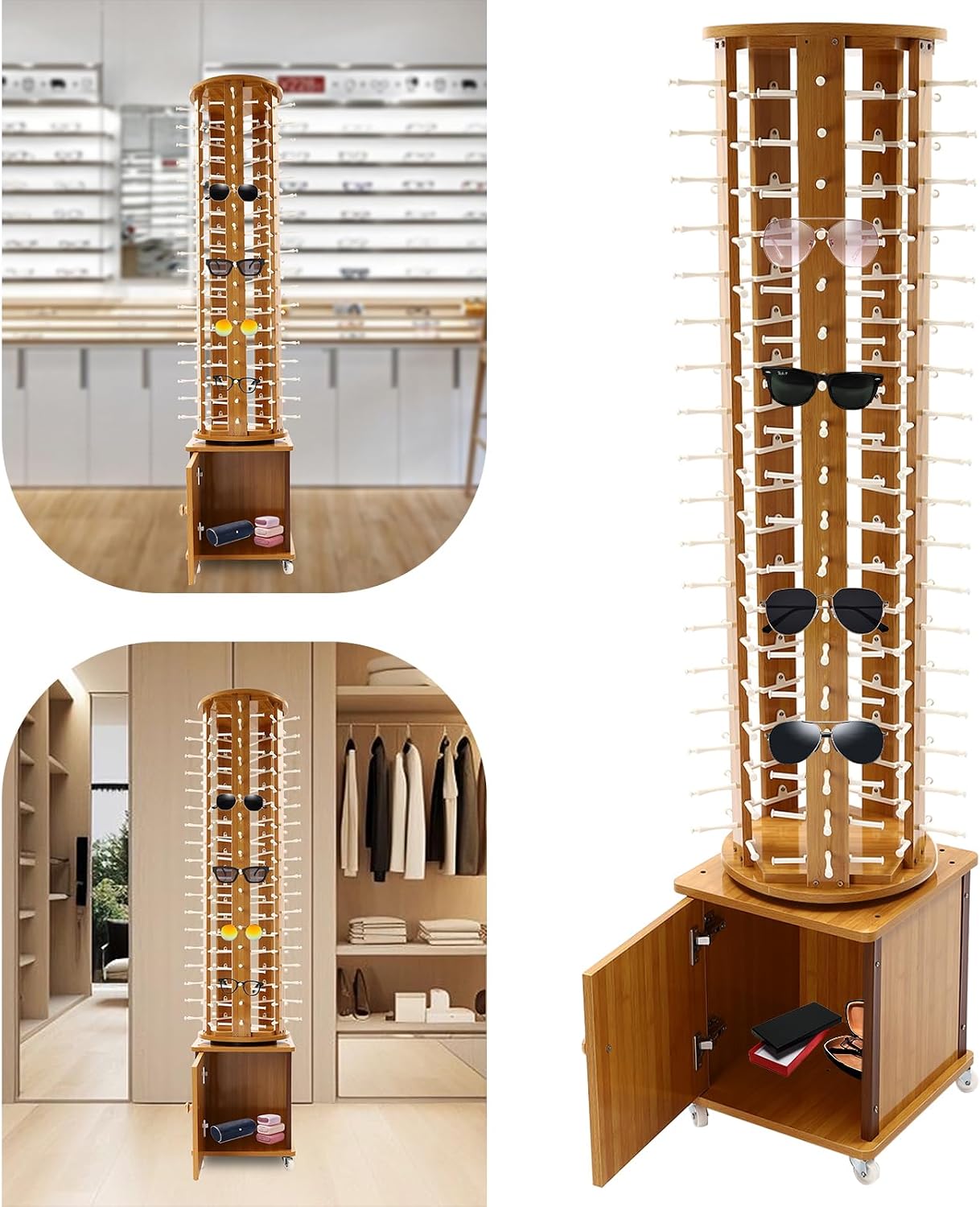 90 Pairs Sunglasses Rack Floor Standing Rotating Glasses Display Stand 5-Sided Wood Eyeglasses Holder with Wheels and Storage Cabinet Mobile Commercial Eyewear Organizer (Light Brown)