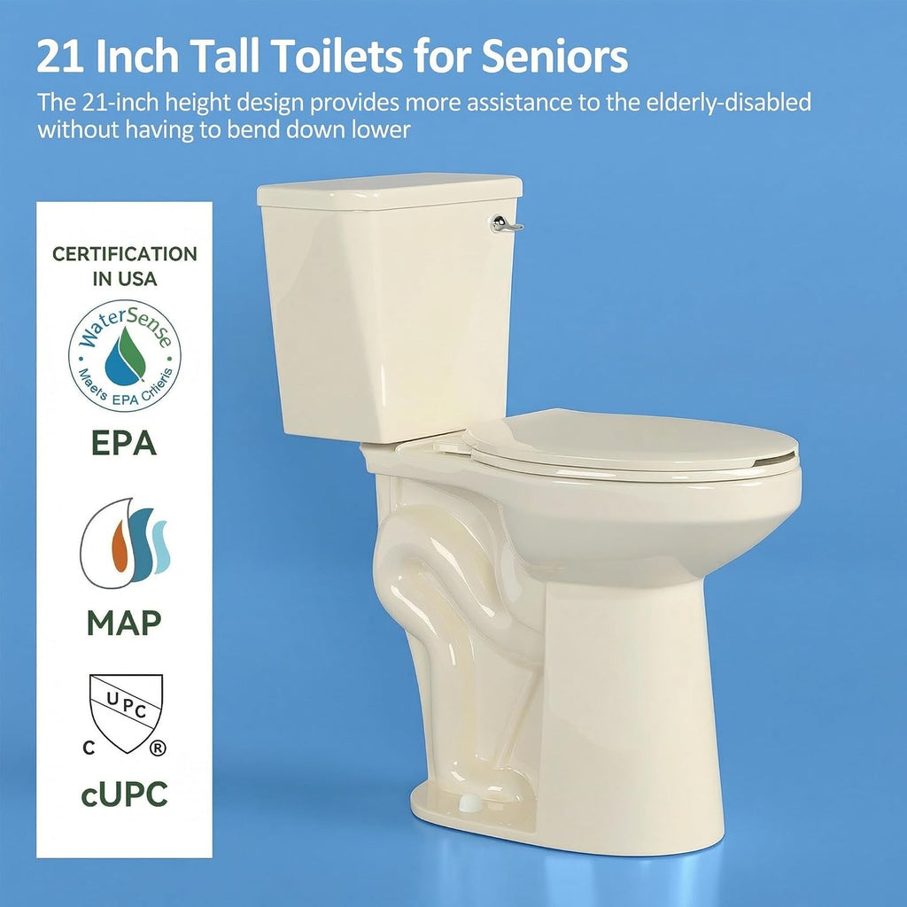 Simple Project Tall Toilets for Seniors 21 inch Extra High Toilets, ADA Comfort Toilet Bowl Heigh 21', Elongated Two-Piece Toilet 1.28GPF Powerful, 12 Inch Rough-in, Bone Color, for Bathroom