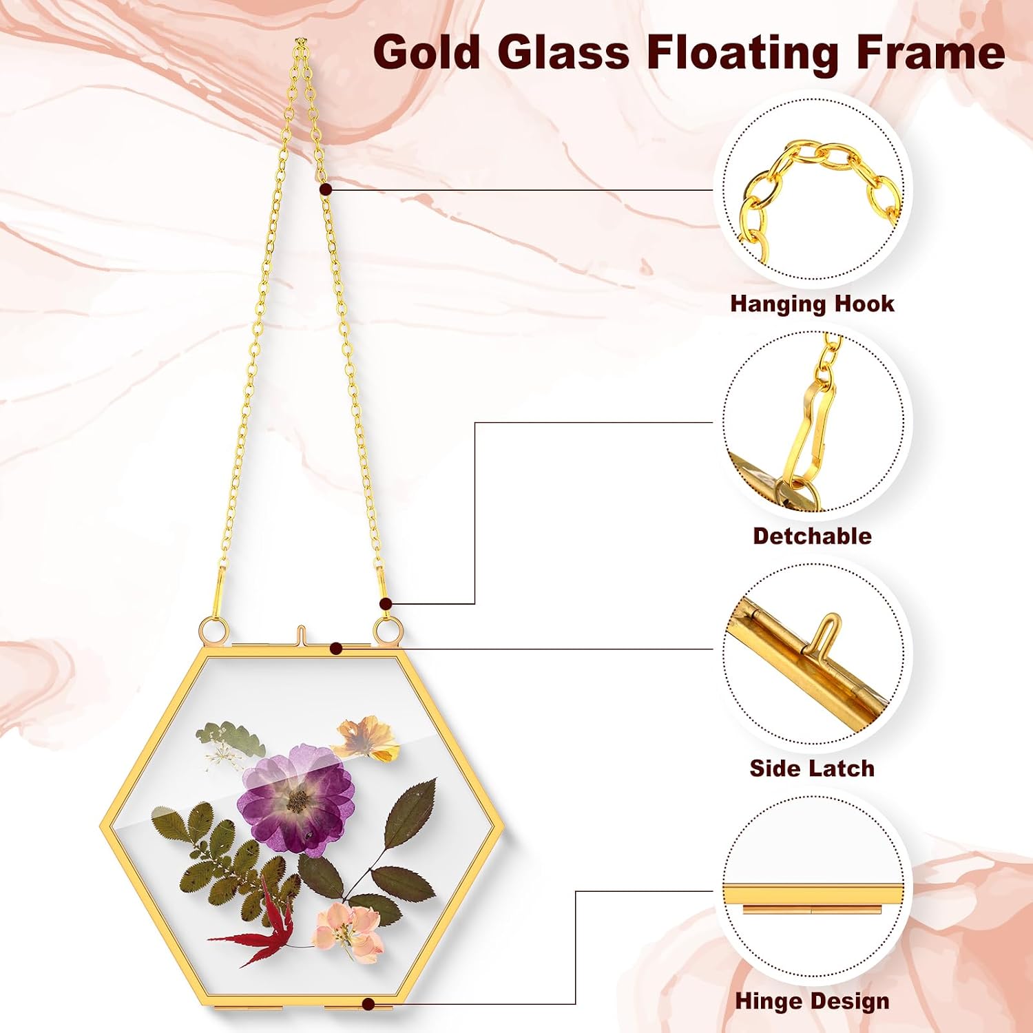 Soaoo 24 Pcs Brass Glass Frame for Pressed Flowers with Chain Clear Double Glass Floating Artwork Display Frame for Wall Decor with Dried Plant Leaf, 6 Shapes (Gold)