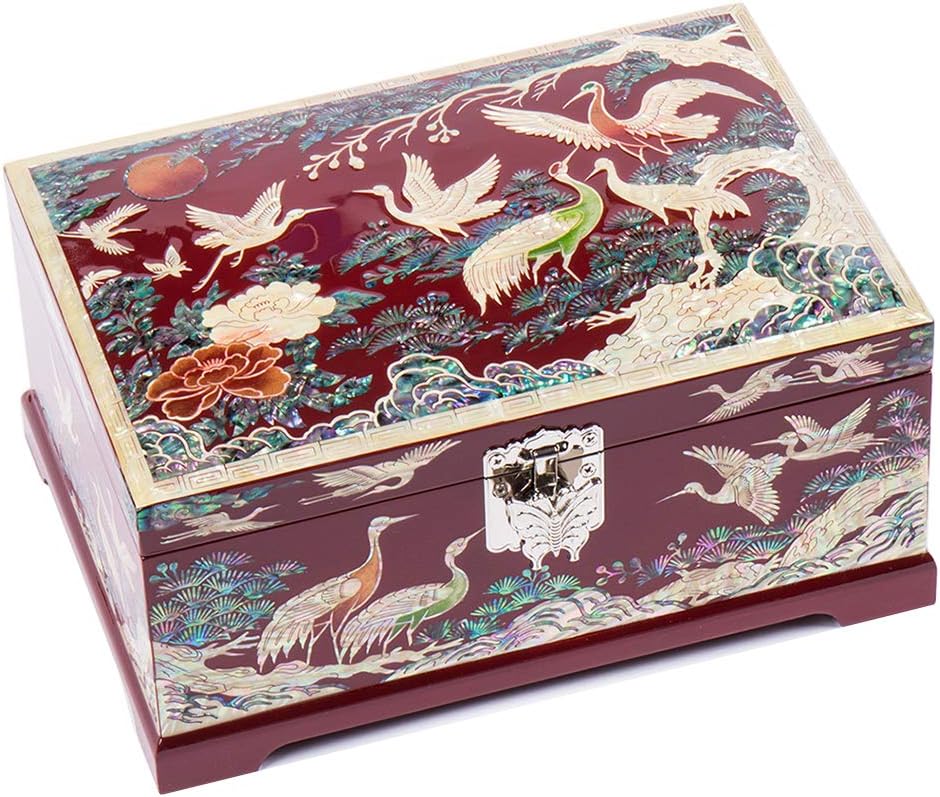 Antique Alive Mother of Pearl Inlay Design Jewelry Box, Wood Jewelry Box, Trinket Case, Keepsake Treasure Chest Box Organizer Holder (Pine Red)