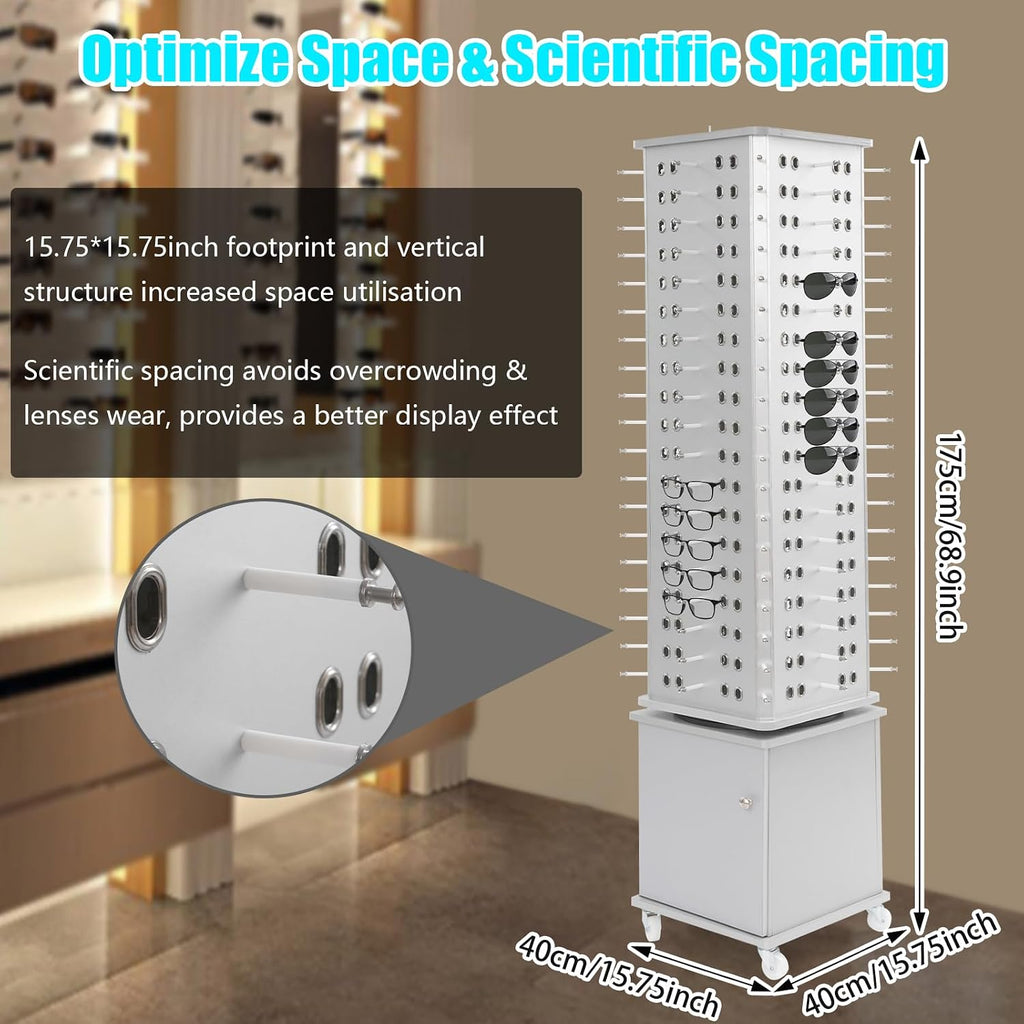 Undercat 152 Pairs Glasses Rack, 360° Rotating Sunglasses Display Rack, Floor-standing Eyeglasses Storage Organizer, Eyewear Holder, Sunglasses Display Stand with Storage Cabinet & Wheels