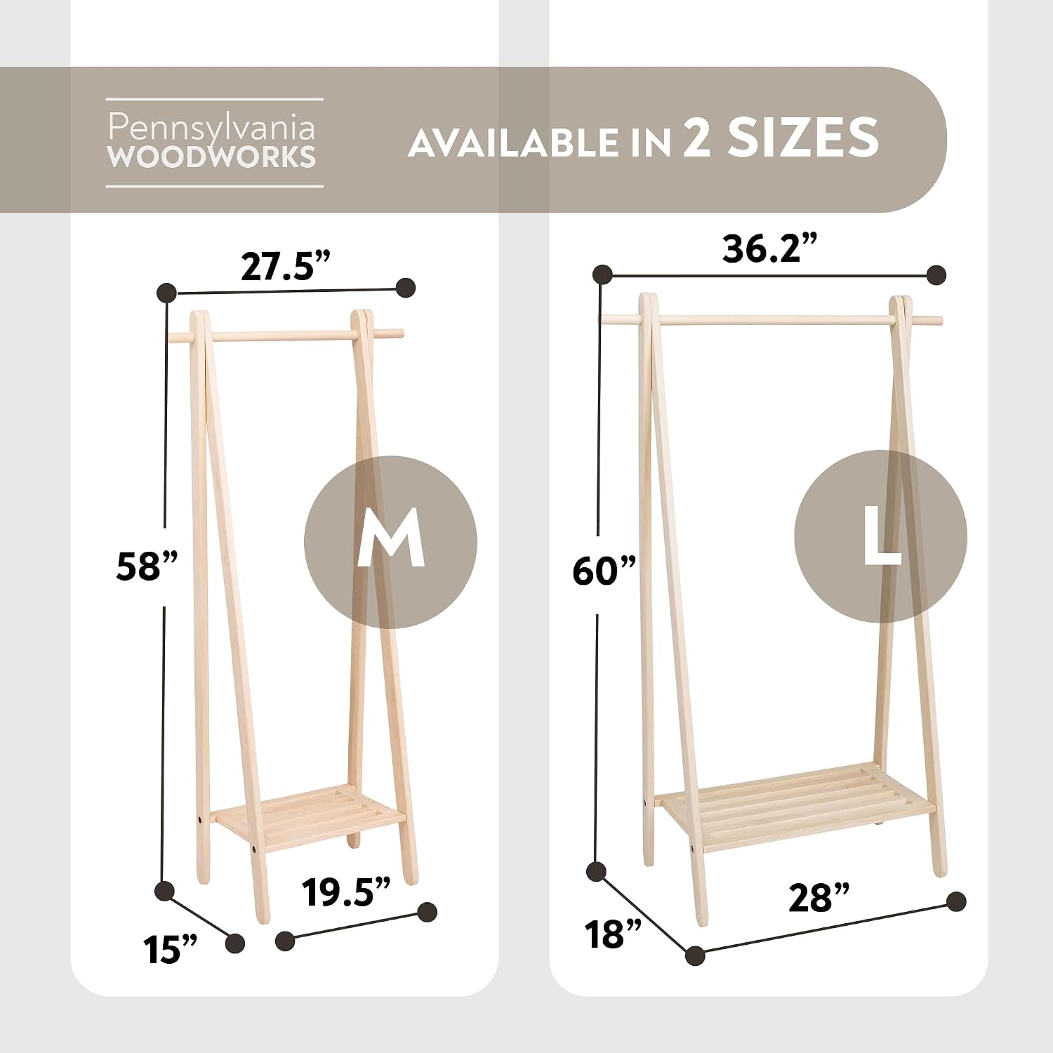 Pennsylvania Woodworks Handcrafted Maple Garment Rack - Sleek & Stylish Clothing Storage, Home Organization, Boutique Display, Coat Rack, Laundry Room Decor - Made in the USA (Medium)