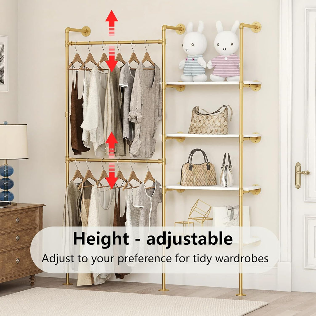 Industrial Pipe Clothing Rack, Heavy Duty Adjustable Garment Hanger with Shelves, 2 Installation Methods Closet Storage System for Wardrobe Organization (Gold, 80' H x 55' W)
