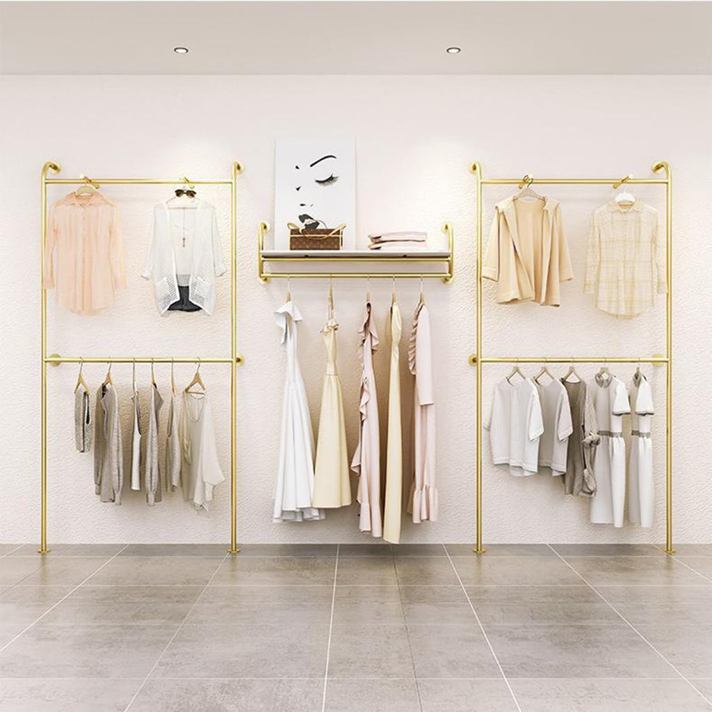Double Layer Gold Clothes Rack, Wall Mounted Floor Clothing Rack, Heavy Duty Pipe Garment Rack, Metal Clothing Display Stand Rod for Boutique Retail Bedroom,120cm