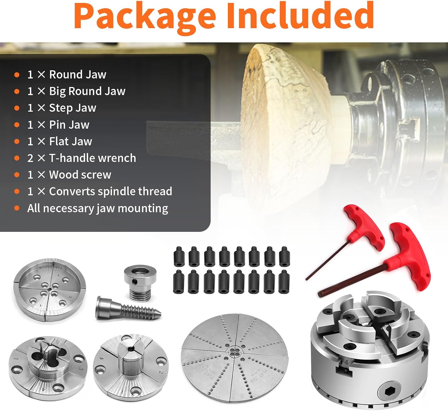 3.75-Inch 4 Jaw Wood Turning Lathe Nickel Plated Chuck and Cutting Jaws Kit with T-Wrench and 6 Corner Star Fasteners 1 Inch x 8TPI