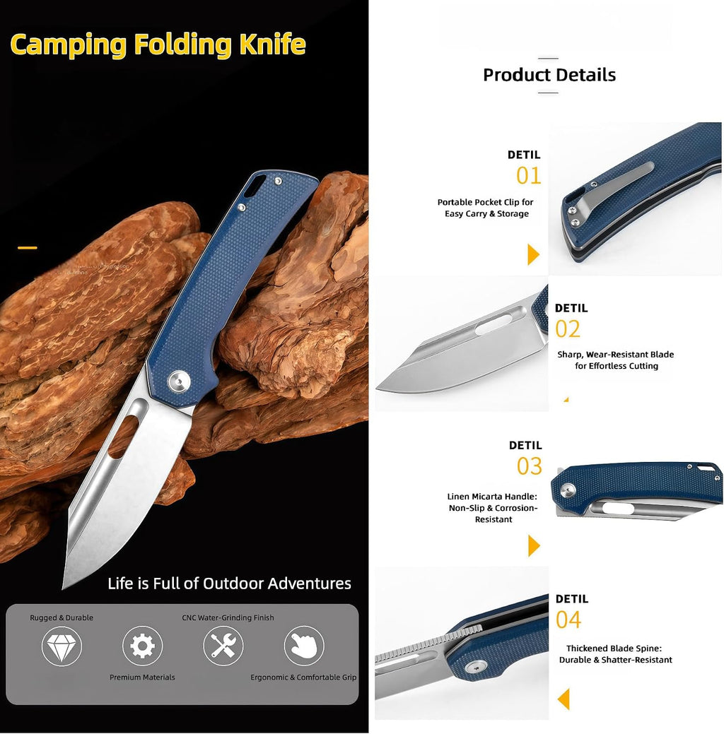 Multi Tool Pocket Knife, Knives for Men, Hunting Knives & Tools, 8CR13 Blade, Linen-textured Handle, HRC 58-60, Lightweight Outdoor Knife for Backpacking, Hiking Gear
