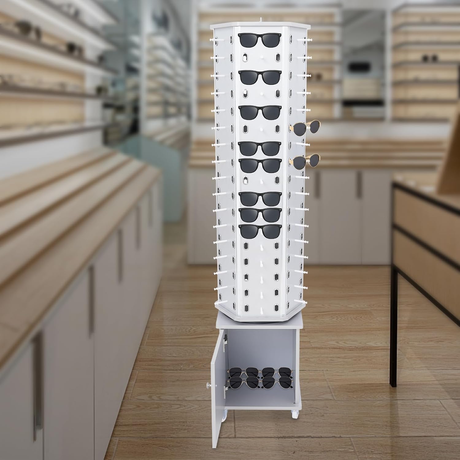 102 Pairs Glasses Rack, Floor-Standing Sunglasses Display Rack, 360° Rotating Eyewear Holder, Eyeglasses Storage Organizer, Sunglasses Display Stand with Cabinet & Wheels, Silver