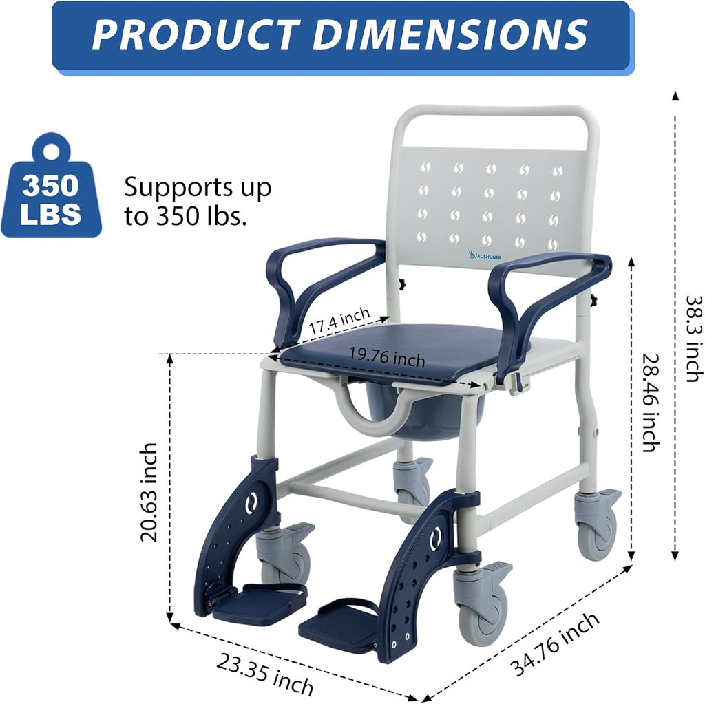 4 in 1 Rolling Shower Chair with Wheels for Elderly and Disabled,Transport Bathroom Shower WheelChairs,with Safety Locking Wheels & Padded Seat, Bedside Commode Chair for Seniors, Blue