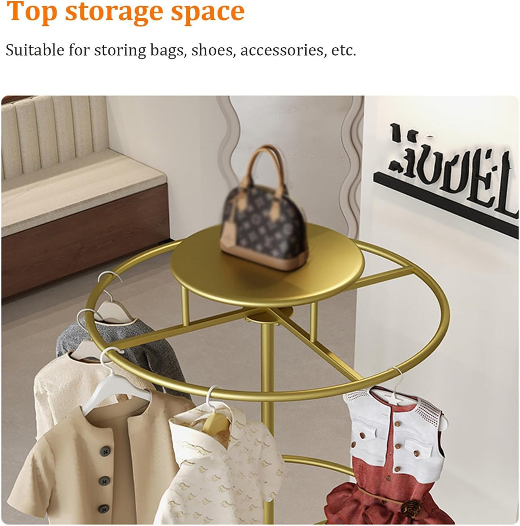Rotatable Round Clothes Rack, 2-tier Retail Kids Garment Rack with Top Shelf and Wheels, Retail Clothing Display Stand with Wheels, for Boutique Retail Display(Gold)