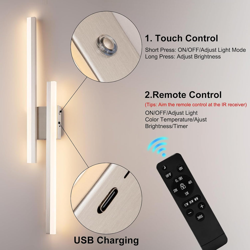 Battery Operated Wall Light Fixtures for Living Room, Dimmable USB Rechargeable Indoor Led Wall Sconce Lighting, Wireless Wall Lamps for Living Room Bedroom Bathroom Hallway Set of 2