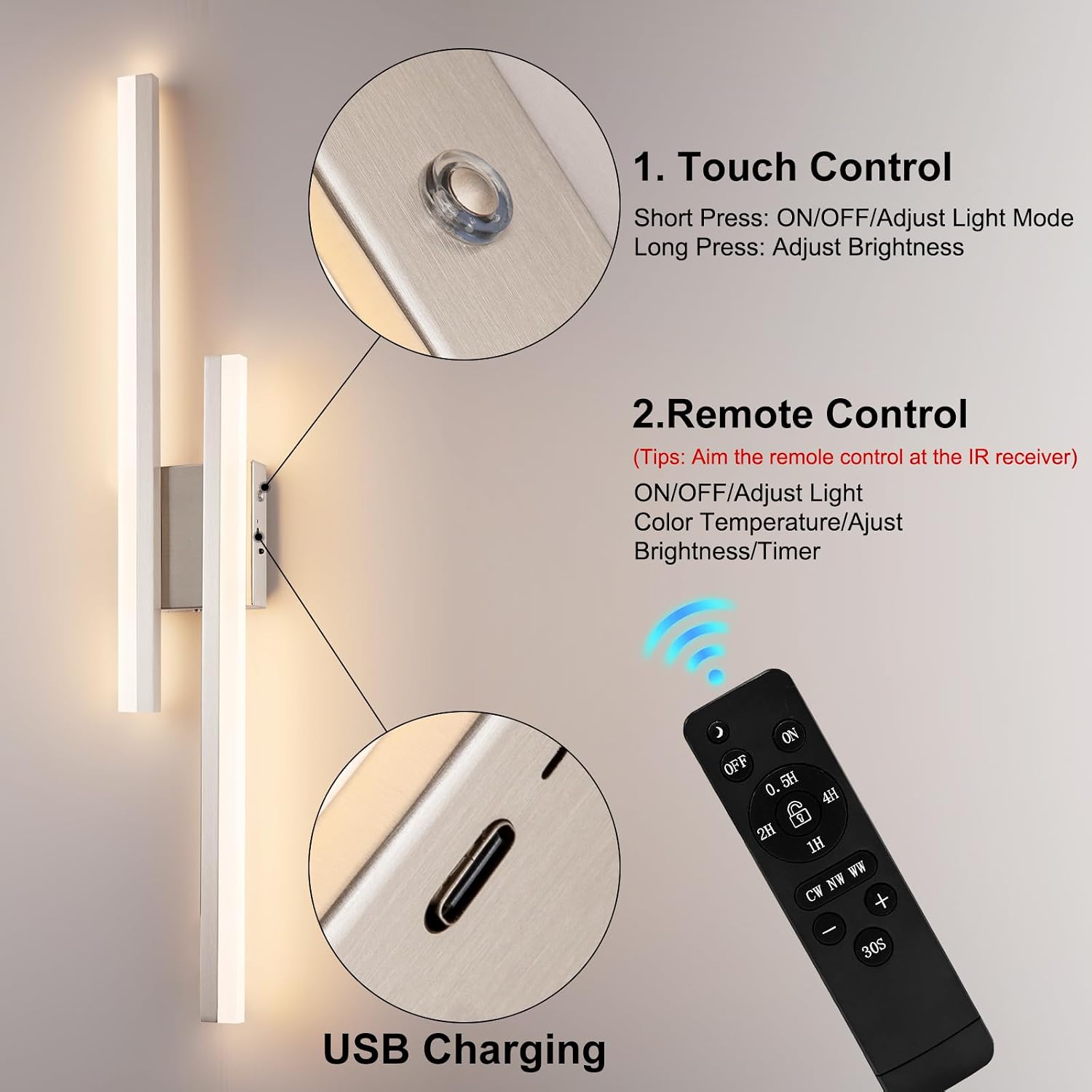 Battery Operated Wall Light Fixtures for Living Room, Dimmable USB Rechargeable Indoor Led Wall Sconce Lighting, Wireless Wall Lamps for Living Room Bedroom Bathroom Hallway Set of 2