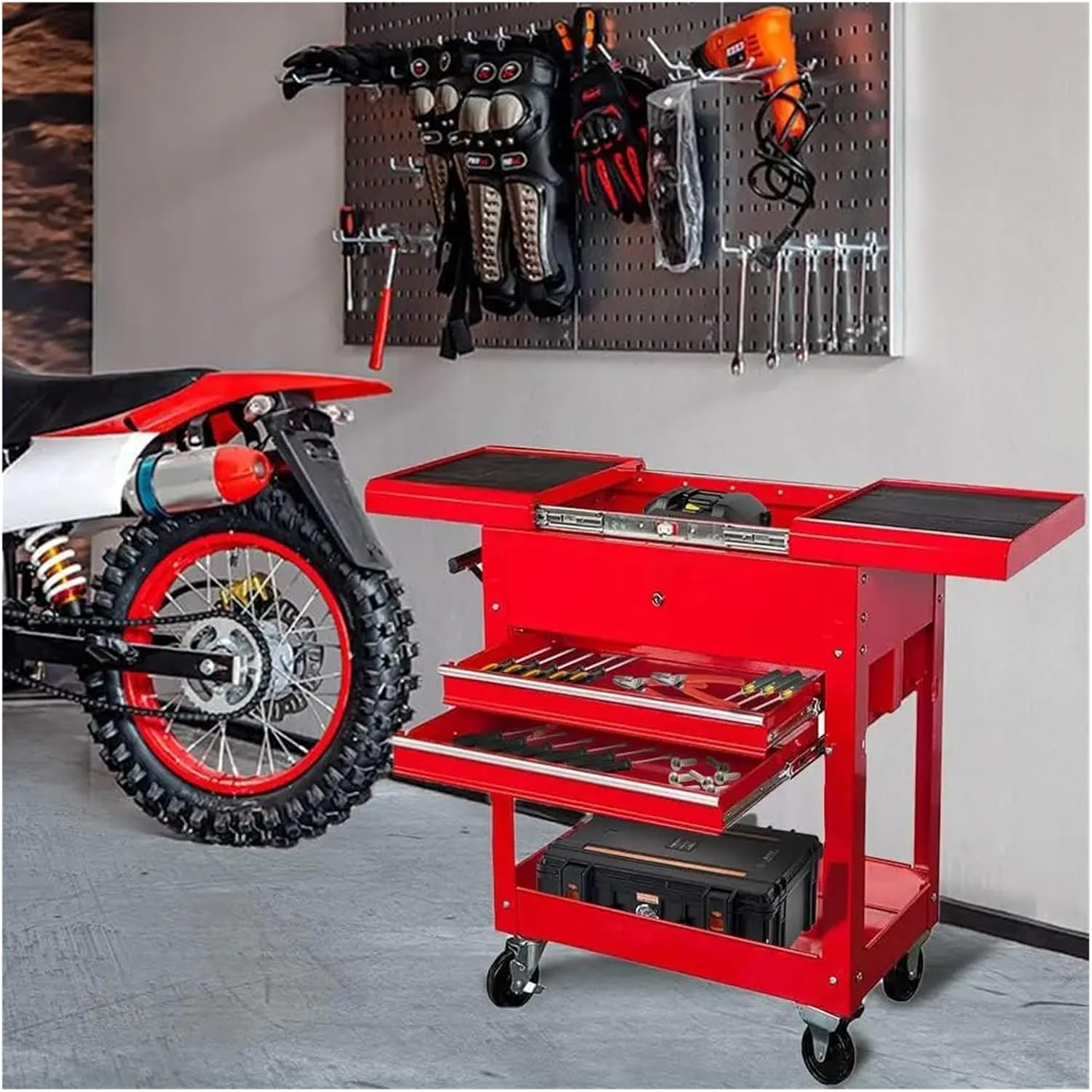 Tool Box Rolling Garage Workshop Tool Organizer with Directional Wheels, 2 Drawer Tool Chest Tray with Top Work Surface and Storage Push Cart Hardware Toolbox