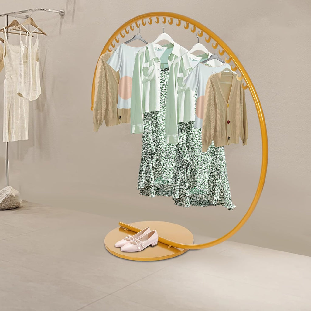 Gold C-Shaped Heavy Duty Clothing Rack, Metal Industrial Pipe Clothing Rack Freestanding Garment Rack with 30 Moon-Shaped Hooks for Boutique, Home, and Retail Display