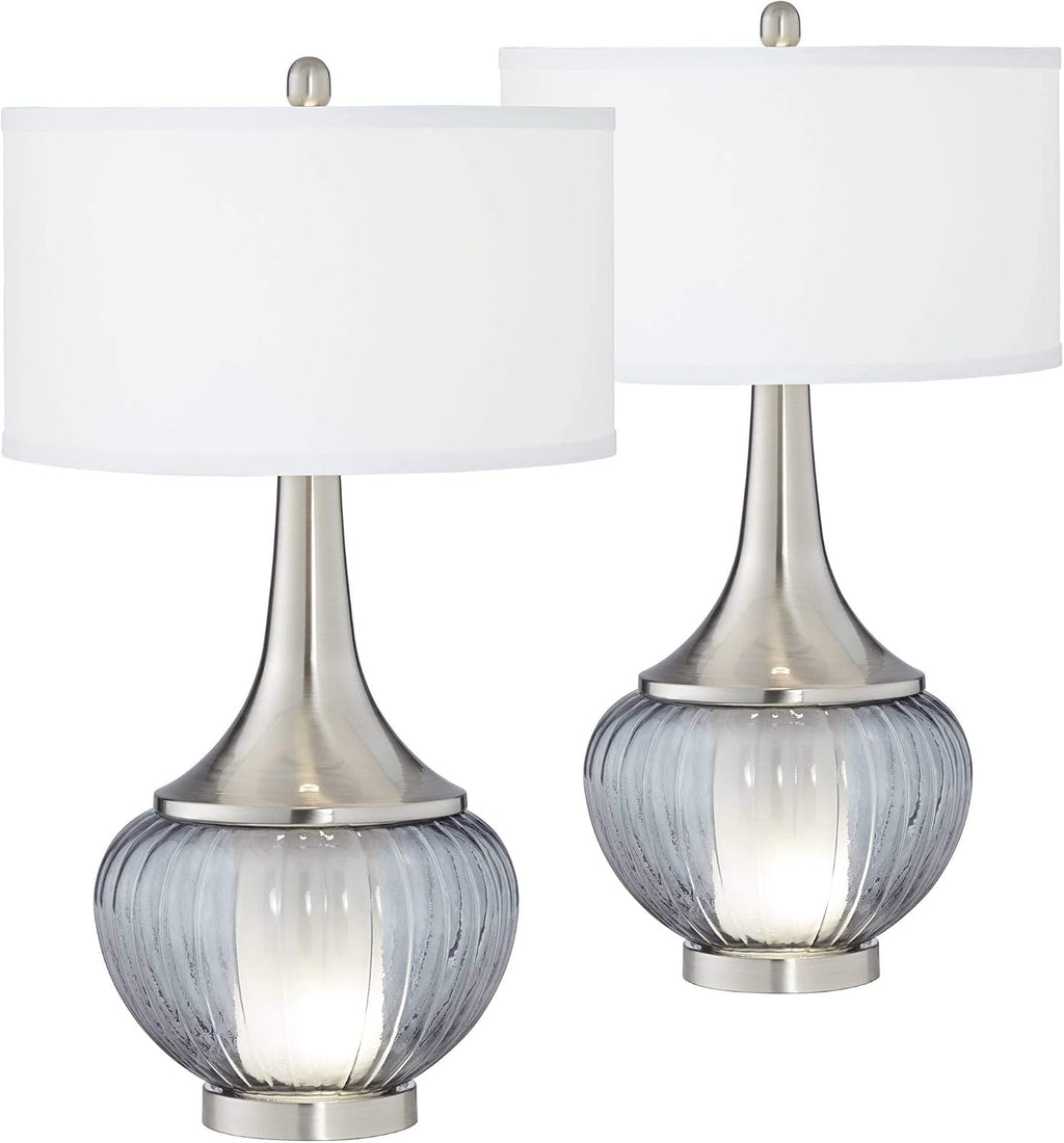 360 Lighting Courtney Modern Table Lamps 28 1/2' Tall Set of 2 with Night Light Brushed Nickel Ribbed Glass White Linen Drum Shade for Bedroom Living Room House Bedside Nightstand Office