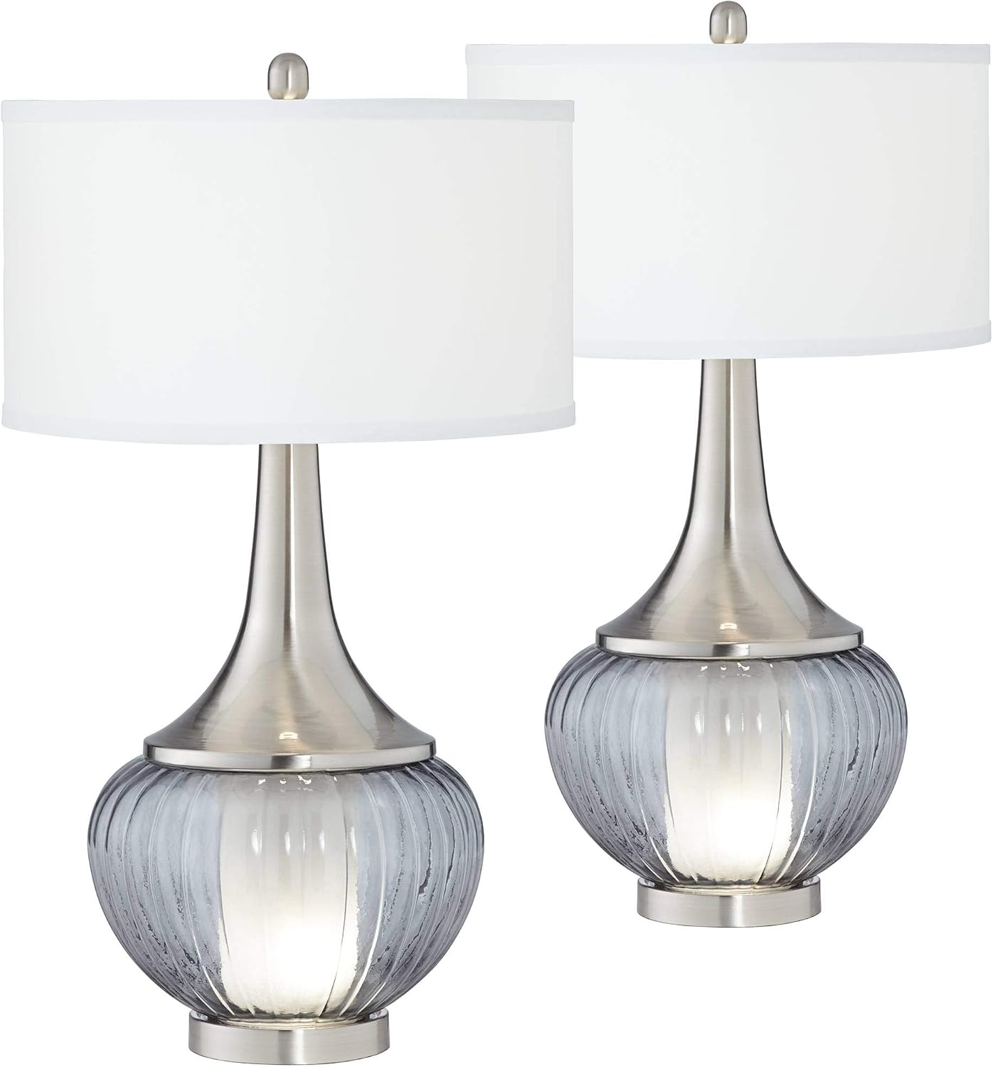 360 Lighting Courtney Modern Table Lamps 28 1/2' Tall Set of 2 with Night Light Brushed Nickel Ribbed Glass White Linen Drum Shade for Bedroom Living Room House Bedside Nightstand Office