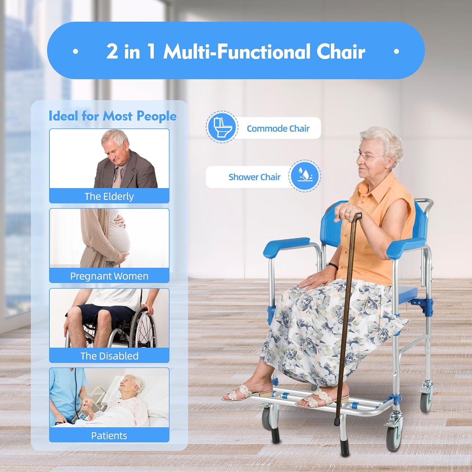 Bedside Commodes Chair with Wheels for Seniors Portable Shower Chair 330 Lb Capacity- Heavy Duty Raised Toilet Seat with Anti-Rollover Foot Pedal Armrests and Bucket, Blue