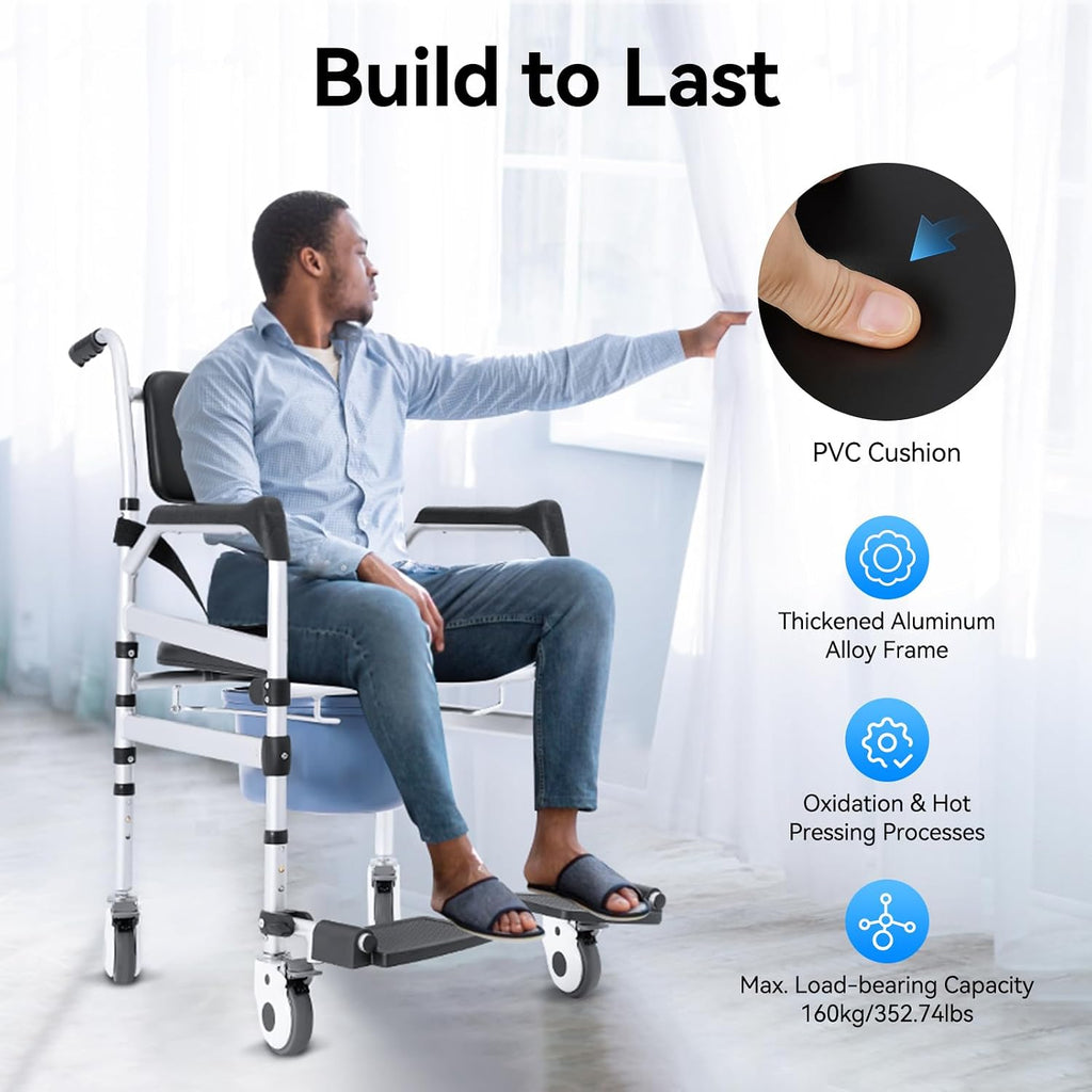 Shower Chair, Rolling Shower Chair with Handles Arms, Bedside Commode Chair with Wheel, Wheelchair for Elderly Disable,Heavy Duty Raised Toilet Seat Riser for Adults