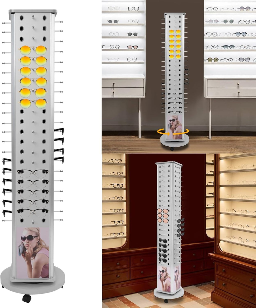 Rotating Sunglasses Display Stand, 84 Pair Glasses Display Rack, Sunglasses Holder Organizer, Eyeglass Turning Stand for Multiple Glasses, Reading Glasses with Storage Cabinet and Wheels for Glass Store