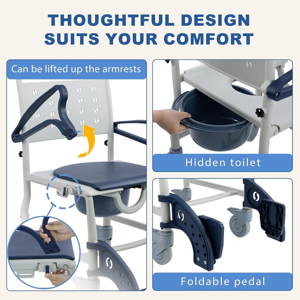 4 in 1 Rolling Shower Chair with Wheels for Elderly and Disabled,Transport Bathroom Shower WheelChairs,with Safety Locking Wheels & Padded Seat, Bedside Commode Chair for Seniors, Blue