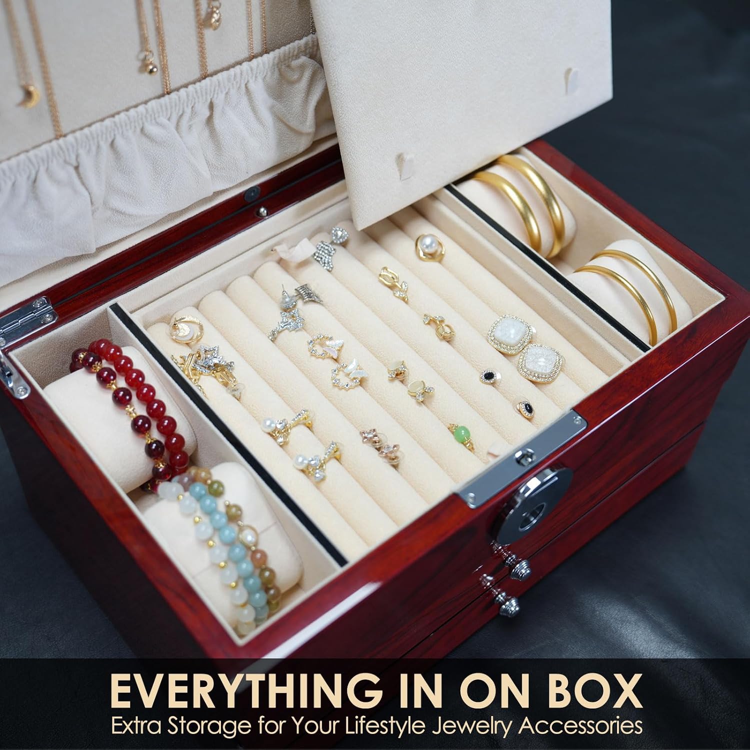 Wood Jewelry Box for Women, 3-layers Large Jewelry Storage Box&Organizer Fingerprint Lock, Drawers Full Locking, Mother Gifts (3L-RS)