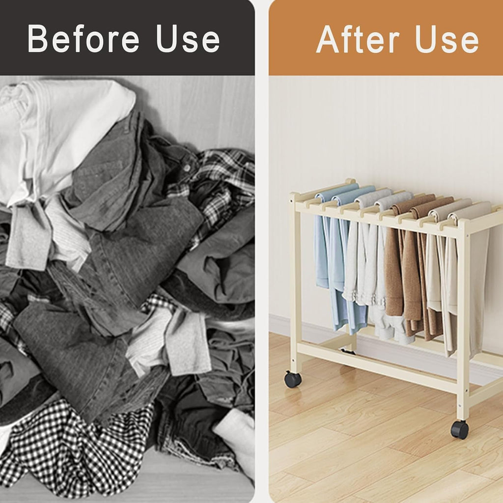 Natural Wood Rolling Garment Rack with Wheels – Freestanding Metal Closet for Skirts, Scarves & Jeans – Perfect for Bedroom & Laundry Room Organization