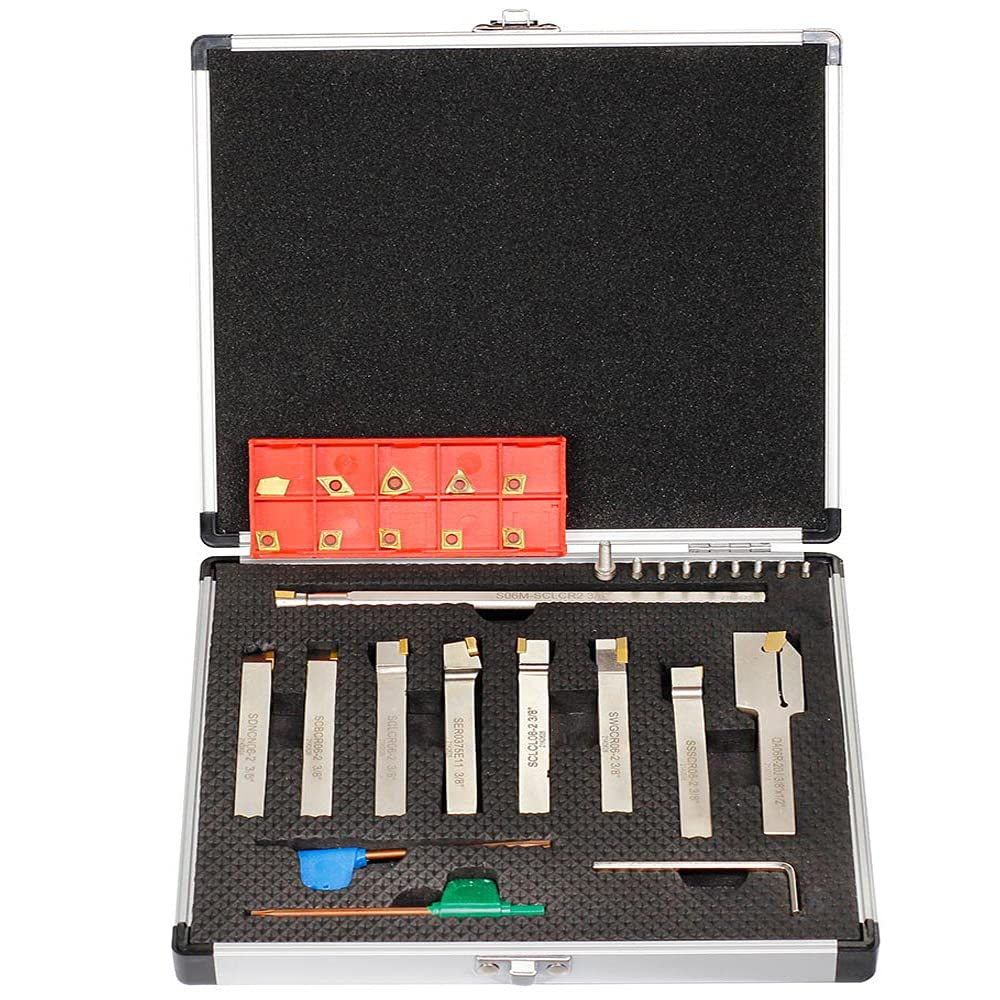 OSCARBIDE 3/8'Shank 9 Pieces/Set,Indexable Lathe Turning Tool Holder and Boring Bar,CNC Heavy-Duty Nickel Plated indexable Insert Holders for Turning Grooving Threading Cut Off