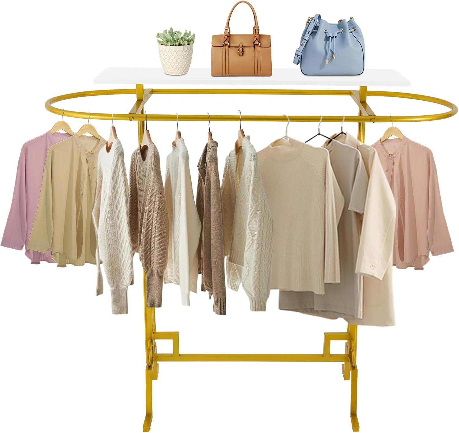 59x55x19.6in Clothing Display Stand, Floorstanding Retail Ellipse Coat Rack, Commercial Clothes Hanging Rack with Top Panel, Metal Garment Rack for Shops, Boutiques Display (Gold)