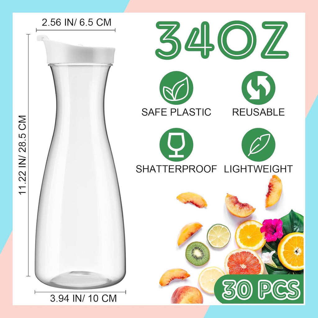 Reallnaive 30 Packs Plastic Carafe with Lids, 34 oz Clear Mimosa Juice Containers, Acrylic Beverage Carafe Pitcher Drink Containers for Fridge Outdoor Iced Tea Juice Party Mimosa Bar(Trendy)