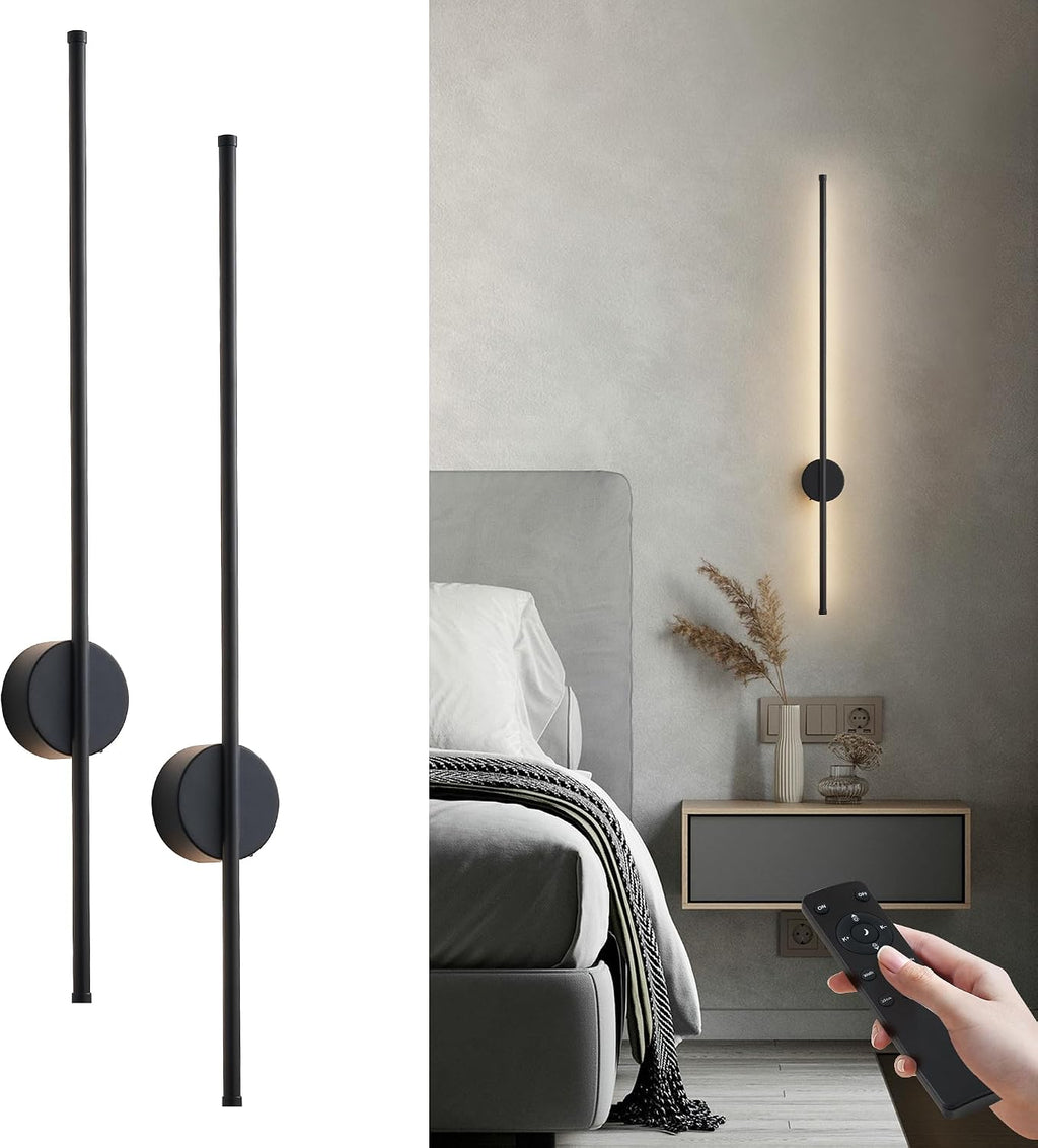 Battery Operated Modern Wall Sconces, Dimmable Wireless Wall Light Set of Two with Remote Control, 3 Color Temperatures, Rechargeable LED Wall Sconce for Bedroom, Living Room, Hallway, 39.3 Inch Black