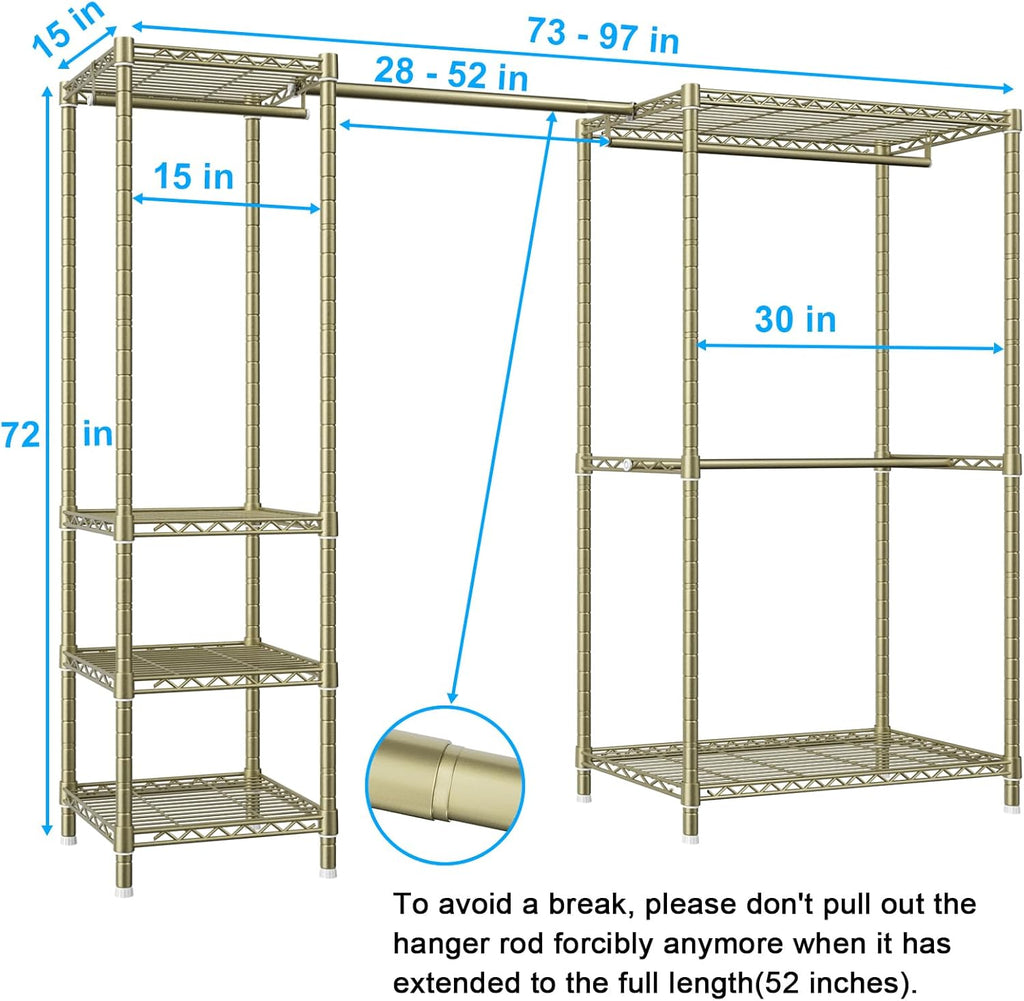 Ulif E10 Clothes Rack（With Stretchable Hanger Rod）Freestanding Clothing Racks for Hanging Clothes，Adjustable Closet Organizer System，Portable Garment Rack 73-97'W x 15' D x 72' H，Max Load 800LBS，Gold