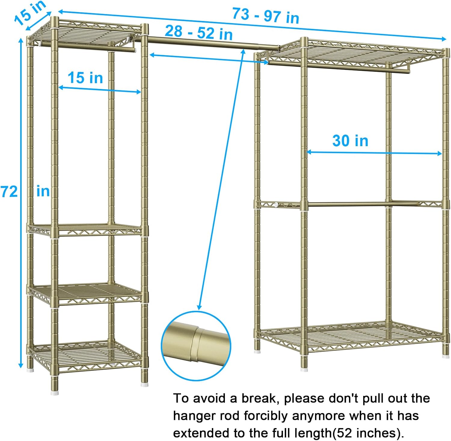 Ulif E10 Clothes Rack（With Stretchable Hanger Rod）Freestanding Clothing Racks for Hanging Clothes，Adjustable Closet Organizer System，Portable Garment Rack 73-97'W x 15' D x 72' H，Max Load 800LBS，Gold