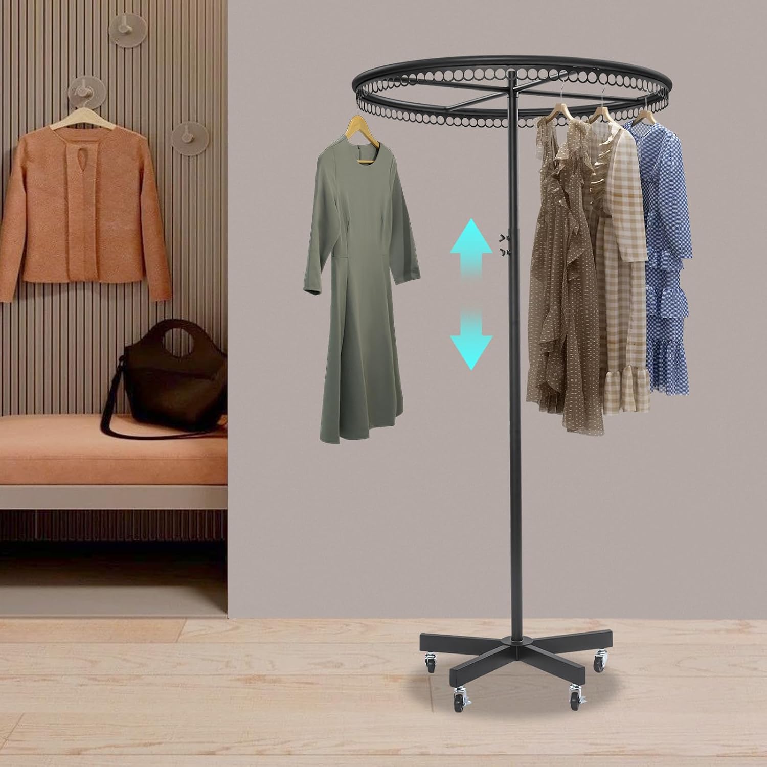 Rotatable Round Clothes Rack 360°Rotating Round Clothing Rack with Wheels Garment Display Racks for Shopping Centers, Clothing Stores 66lbs Capacity 45.7-74.8in Adjustable Height (Black)
