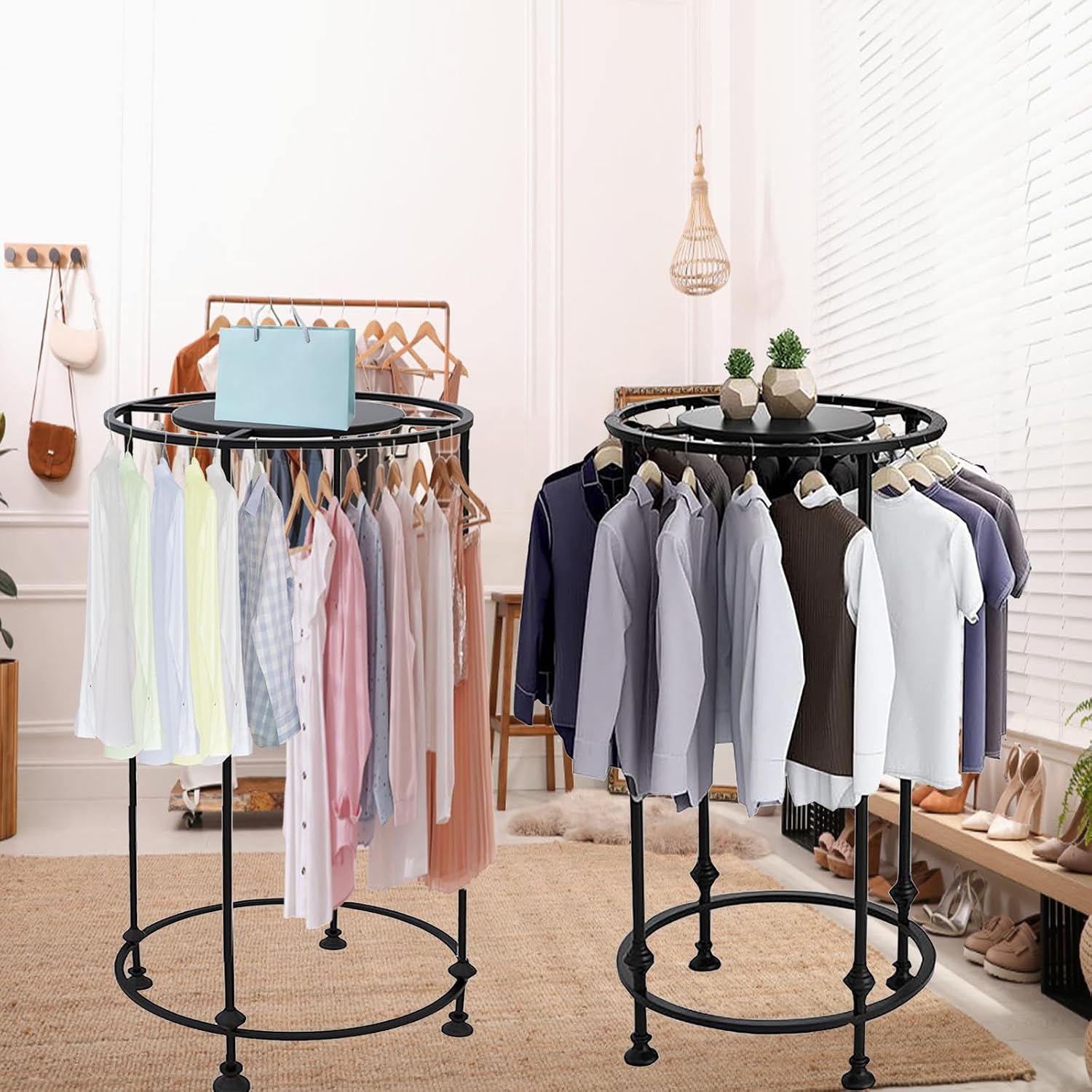 Round Garment Display Retail Rack, Floor-Standing Round Clothes Hanging Rack, Clothing Racks with Topper, Multi-Purpose Clothing Organizer for Boutique Retail Store Laundry Home