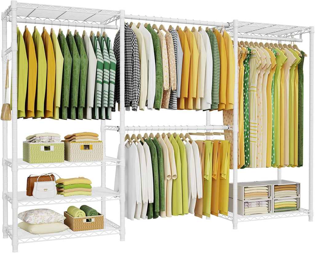 Ulif E1 Heavy Duty Closet Garment Rack, 6 Tiers Adjustable Metal Freestanding Expandable Clothing Storage with 4 Hanger Rods, Easy to Assemble Wardrobe, 71.4' H x (70' - 88.2') L x 14' D, White