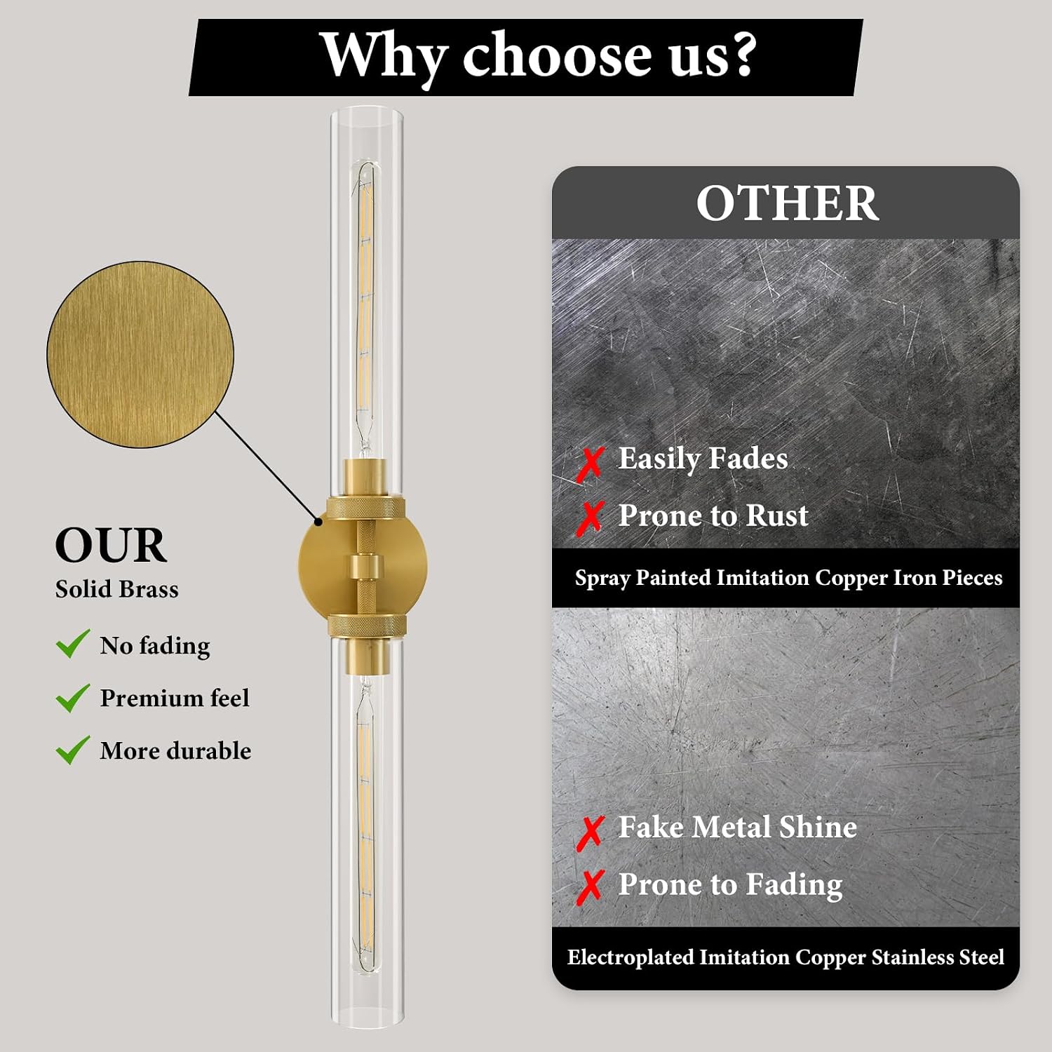 Knurled Brass Tube Wall Sconce - Set of 2 Luxury Modern Dimmable Sconces with Bulbs - Gold Glass Vanity Light Fixture - Vertical or Horizontal Mounted Indoor Lighting for Bathroom Bedroom Living Room