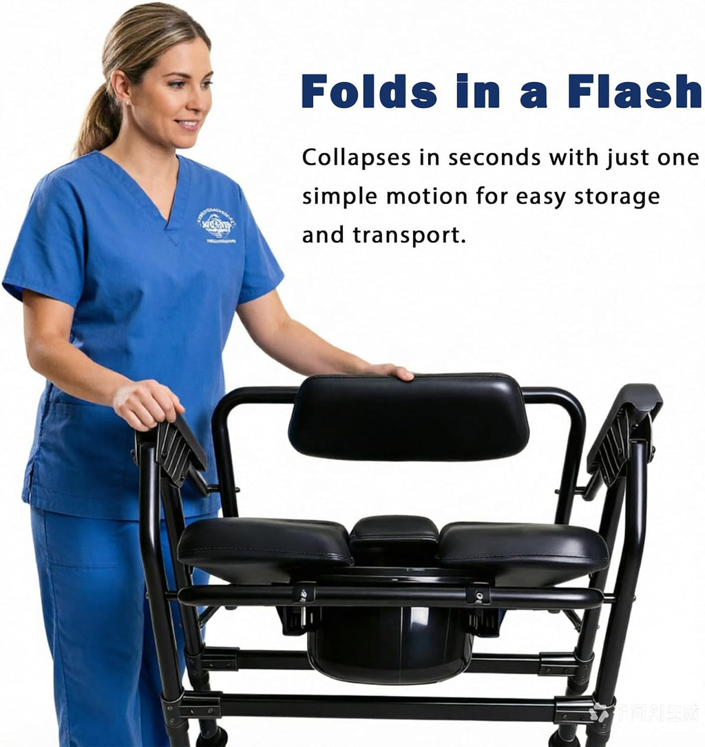 Heavy-Duty Large Bone Bedside Commode, 800lbs Weight Capacity & Extra-Wide Padded Seat, Adjustable Height Folding Toilet Chair for Seniors,Disabled, Patient Home Care(Black)