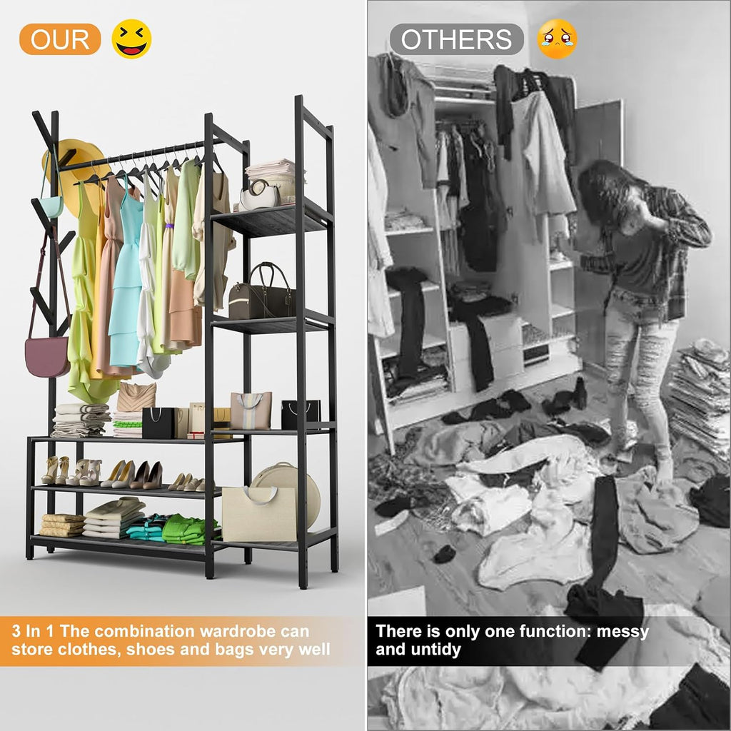 4 in 1 Freestanding Closet Organizer with Clothes Rack & Shoes Rack & 5 Side Shelves, Heavy Duty Wood Clothing Rack for Hanging Clothes, Multi-functional Wardrobe Closet for Entryway/Bedroom- Back