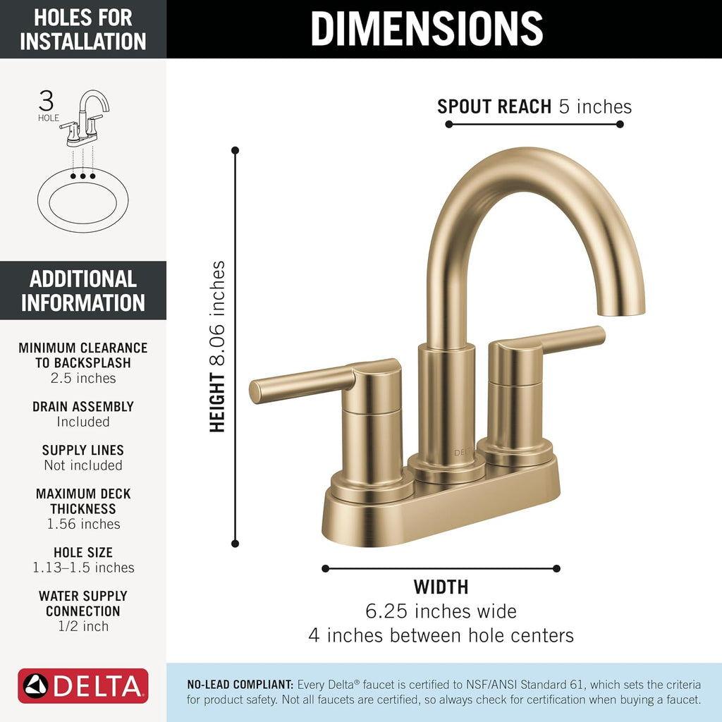 Delta Nicoli Centerset Brushed Gold Bathroom Faucet with Sprayer, 4 Inch 3 Hole Bathroom Sink Faucet with Pull Out Sprayer, Push-Pop Drain, Champagne Bronze 25749LF-CZ