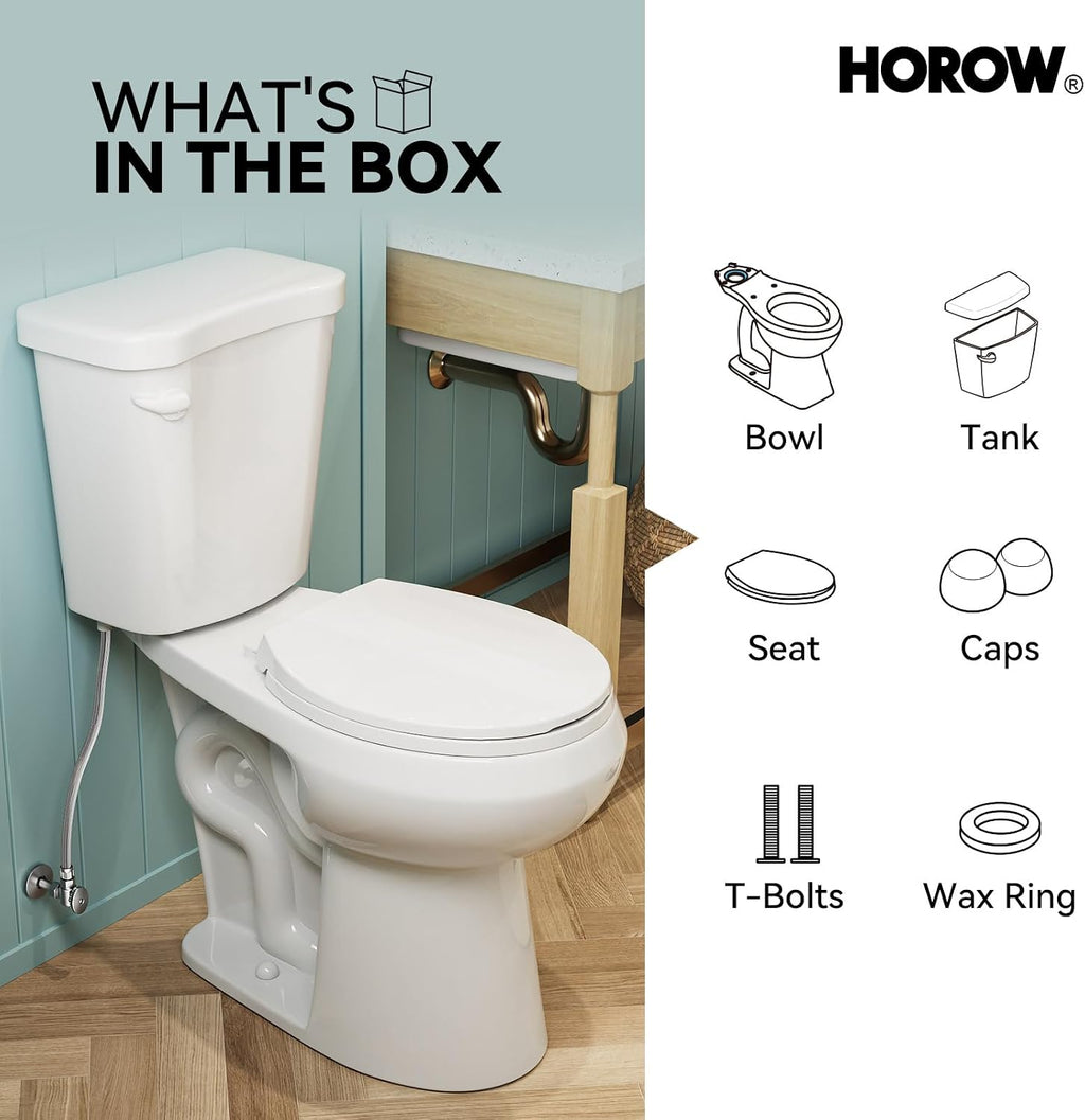 HOROW 19 Inch Tall Toilets, Extra High Toilets with Comfortable Chair Height Seat, 1.28 GPF Single Flush Two-Piece Toilet, 12' Rough In Round Bowl for Seniors, Pregnant, Disabled & Tall Person, White