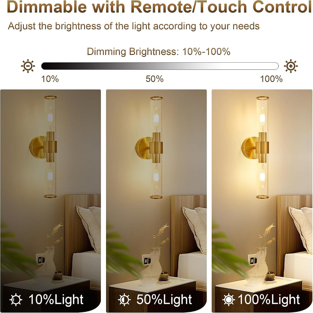 Morauroral Gold Battery Operated Wall Sconces Set of 2, Rechargeable Wall Lights with Remote Control, 20 Inch Modern Wireless Wall Lamp for Bedroom, Living Room with Clear Glass Shade (Bulbs Included)