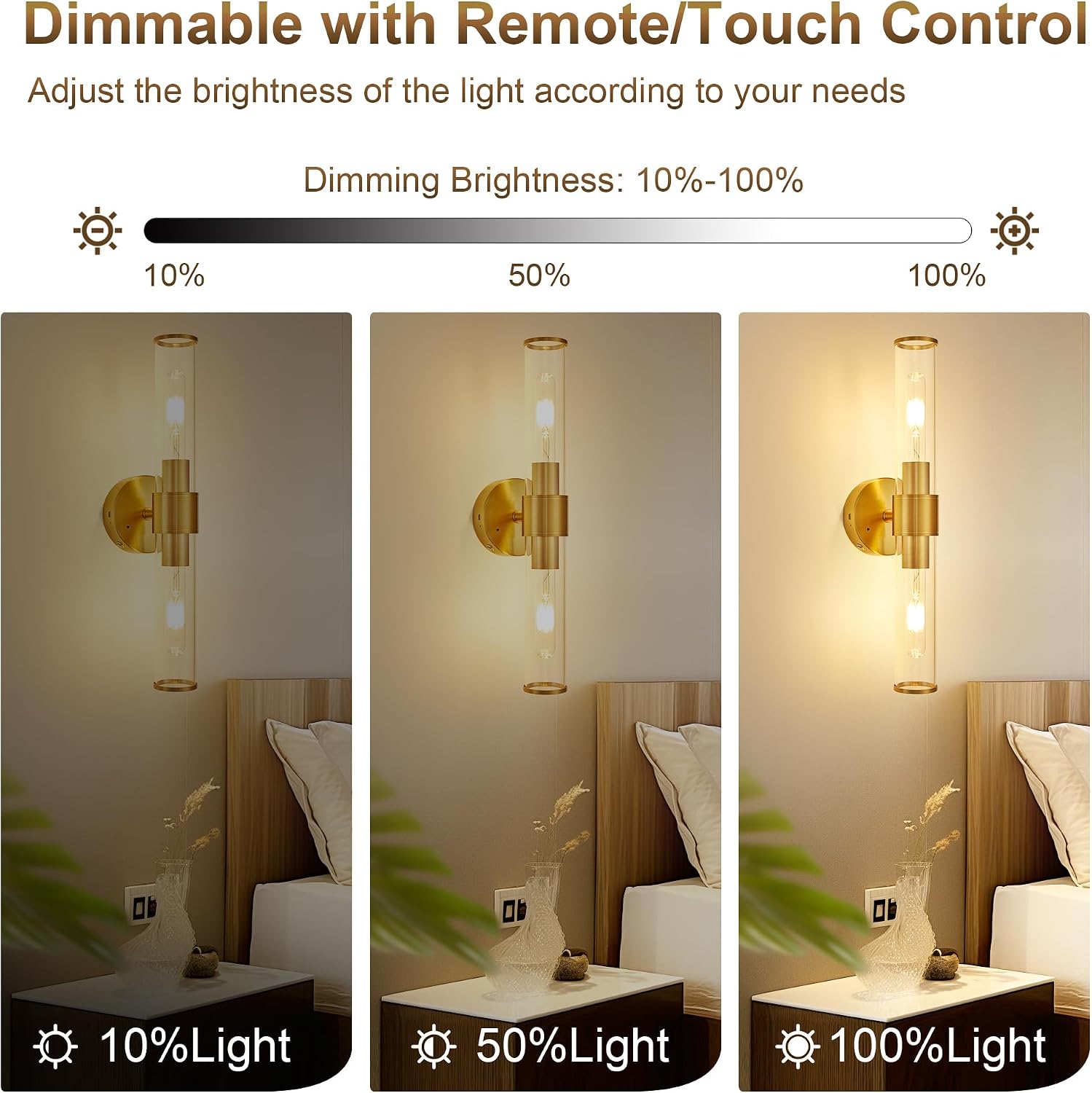 Morauroral Gold Battery Operated Wall Sconces Set of 2, Rechargeable Wall Lights with Remote Control, 20 Inch Modern Wireless Wall Lamp for Bedroom, Living Room with Clear Glass Shade (Bulbs Included)