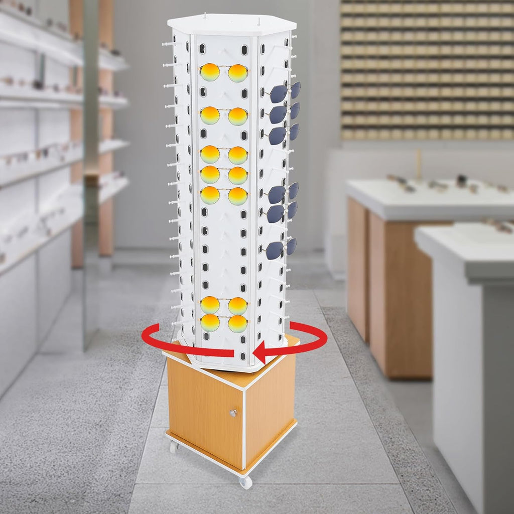 102 Pairs Rotating Glasses Display Stand, Eyewear Storage Organizer with Cabinet & Wheels, Commercial Sunglasses Display Rack, Optical Shop Glasses Holder (White+Yellow)