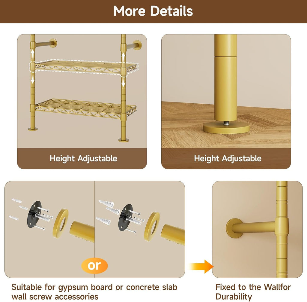 ONBRILL L4 Wall Mounted Industrial Pipe Clothing Rack, Closet Organizer System with 6 Hanging Clothes Rods ( 4 Expandable Rods) & 8 Shelves, Heavy Duty Corner Garment Rack, Large Wardrobe - Gold