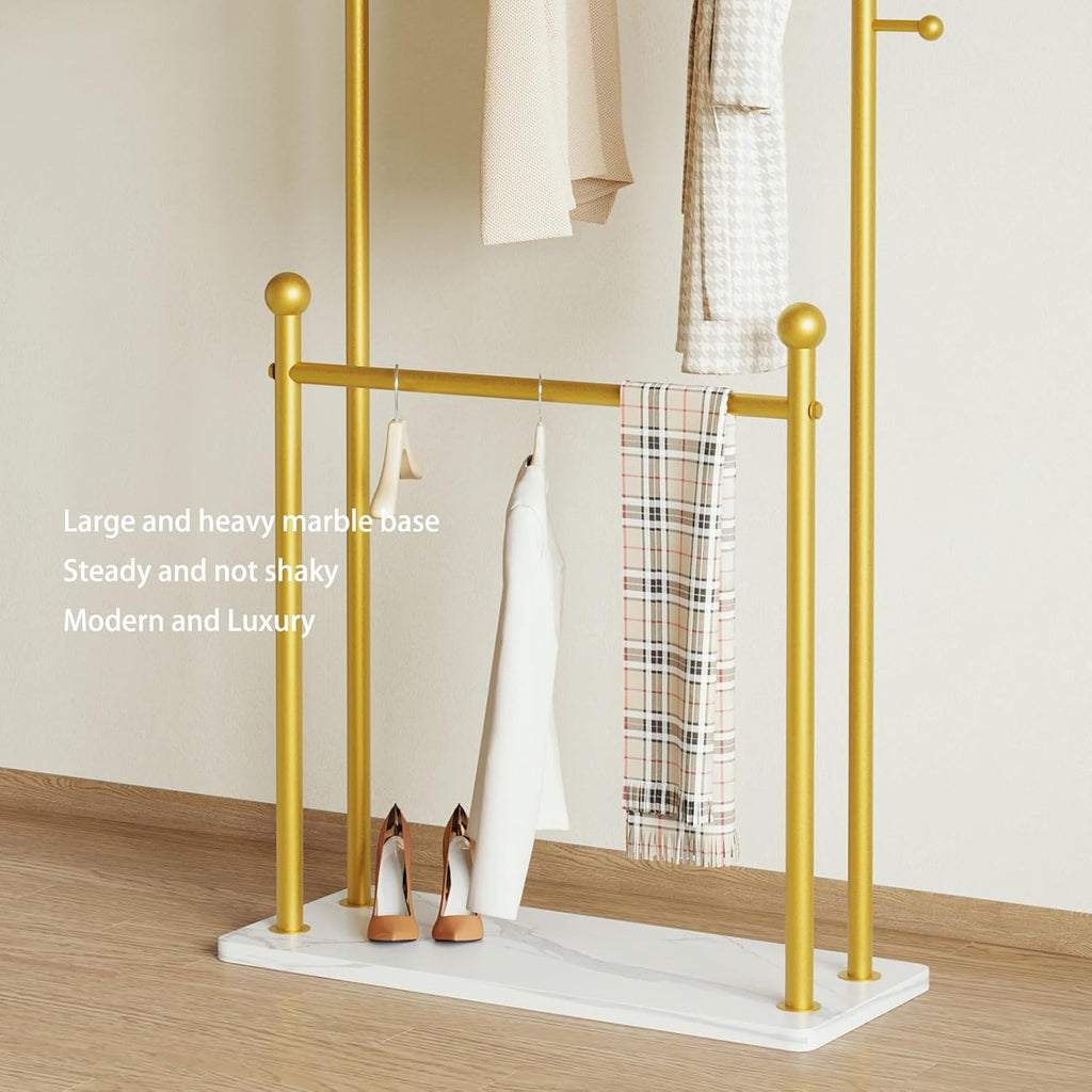 Gold clothing rack marble base,Heavy Duty Clothes Rack for Hanging Clothes,Double Rail Garment Rack with Hooks for Home Retail Boutique (gold)