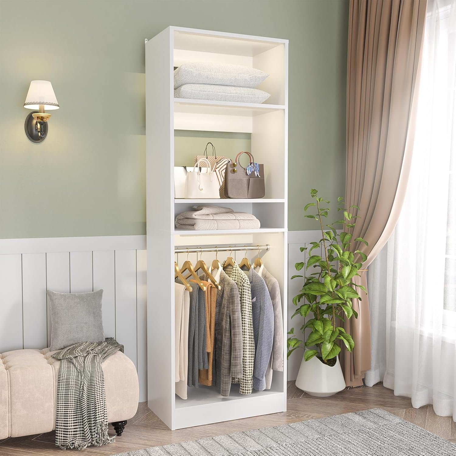 Unikito Freestanding Closet System, 25' Closet Organizer Wardrobe with Hanging Rods & Shelve, Adjustable Clothes Garment Rack, Sturdy Walk in Closet Tower, Easy Assembly, 25' W x 16' D x 80' H, White