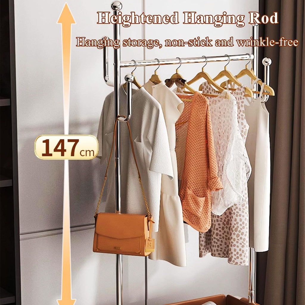 Heavy Duty Rolling Garment Rack with Wheels, Clothes Rack with Leather Storage Bag and Side Hooks, Freestanding Wardrobe Storage Rack Metal Clothing Rack, Brown