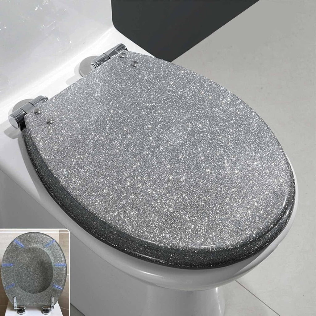 Toilet Seat Glitter Toilet Seat with Soft Close Quick Release for Easy Clean, Oval Loo Seat with 360 Degree Adjustable Stainless Steel Hinge(Silver)