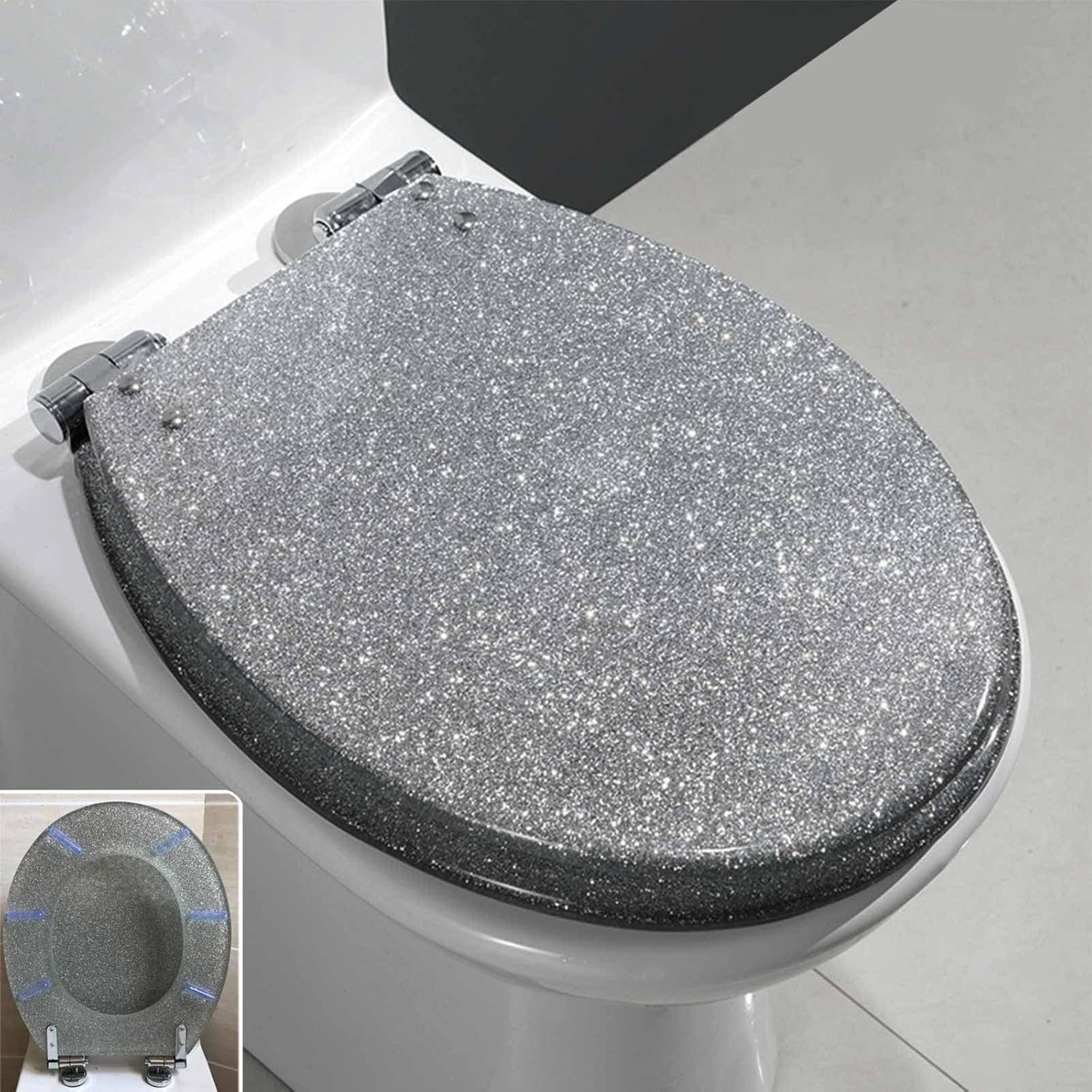 Toilet Seat Glitter Toilet Seat with Soft Close Quick Release for Easy Clean, Oval Loo Seat with 360 Degree Adjustable Stainless Steel Hinge(Silver)