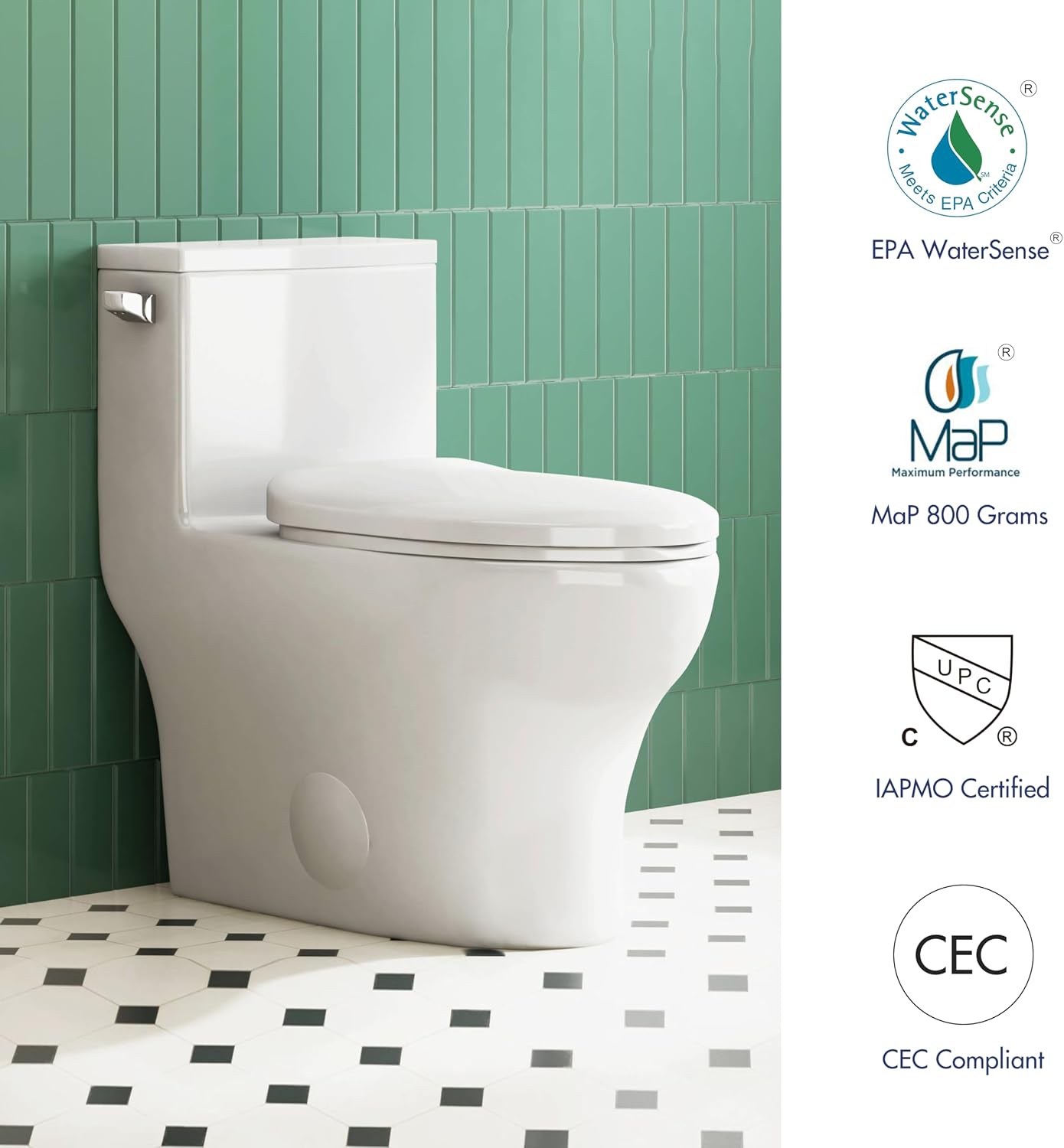 Eridanus One Piece Toilet Elongated With Soft Closing Seat, Comfortable ADA Compliant 17' Chair Height Seat, Powerful & Quiet Left Side Trip Lever Flush (1.28 GPF), 12' Rough-In